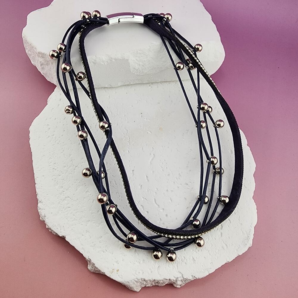 Navy Multi Strand Cord Necklace Silver Tone Ball Beads Rhinestone Boho Choker